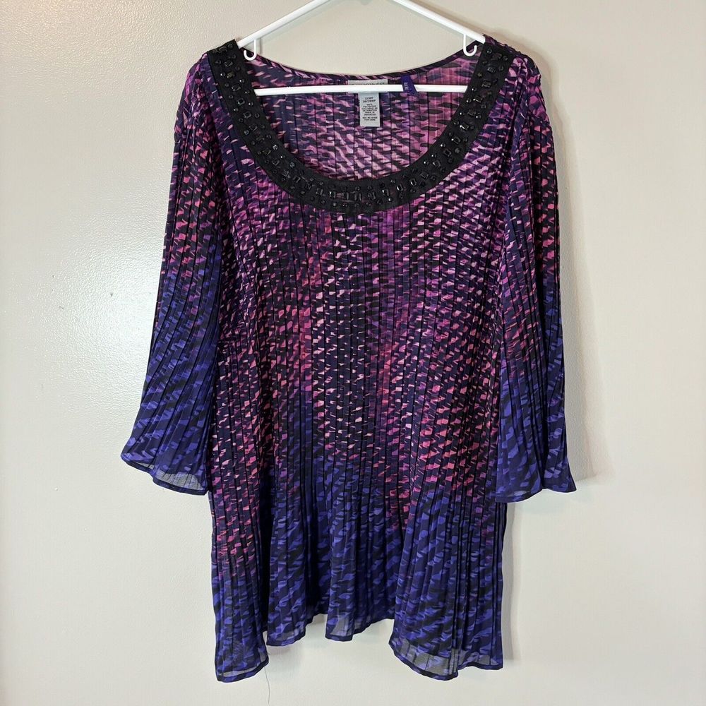 Catherines Crinkle 3/4 Sleeve Blouse Purple Blue Top Beaded Neckline 3XW…